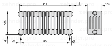 Схема (чертеж) Радиатор Zehnder Charleston 5030/14 №3570 Белый глянцевый RAL 9016